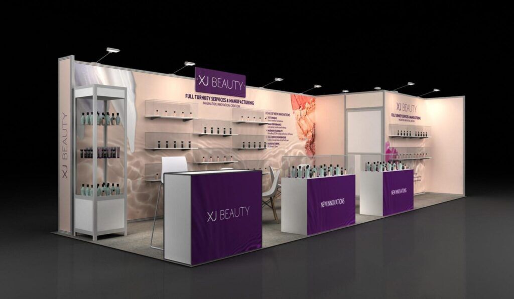 XJ Beauty 3D rendering: product shelving and graphic panels around a central reception counter