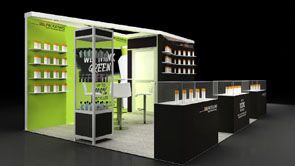 SHB 3D rendering: product shelves around a prominent graphic wall and reception counter