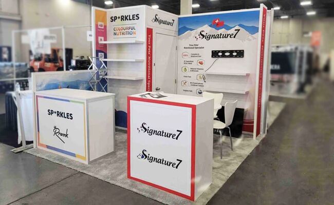 Eversparkles completed booth: a corner display with product shelves and compact reception counters