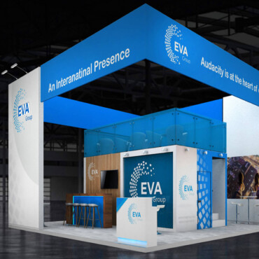 EVA booth with blue-and-white overhead framing and an enclosed meeting room.