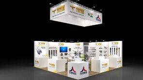 Forbes & Company Limited 3D rendering: a rectangular hanging sign above product panels and reception counters