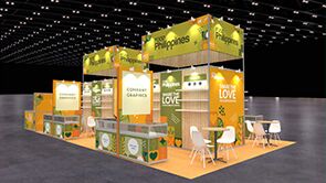 Philippines Pavilion (CITEM) 3D rendering: a pavilion canopy above multiple display kiosks and reception counters