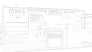 UGA Nutraceuticals concept sketch: a graphic back wall between slatted display panels, with a counter and table