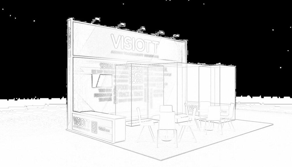 VISIOTT concept sketch: a large graphic wall beside transparent framed panels and a meeting table