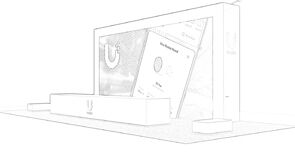UI concept sketch: a broad back wall with a reception desk across the open front
