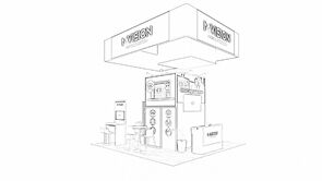 MVISION concept sketch: a rectangular overhead sign supported above display walls and counters