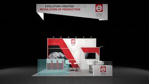 ESCO 3D rendering: an angled graphic wall beneath a long rectangular hanging sign