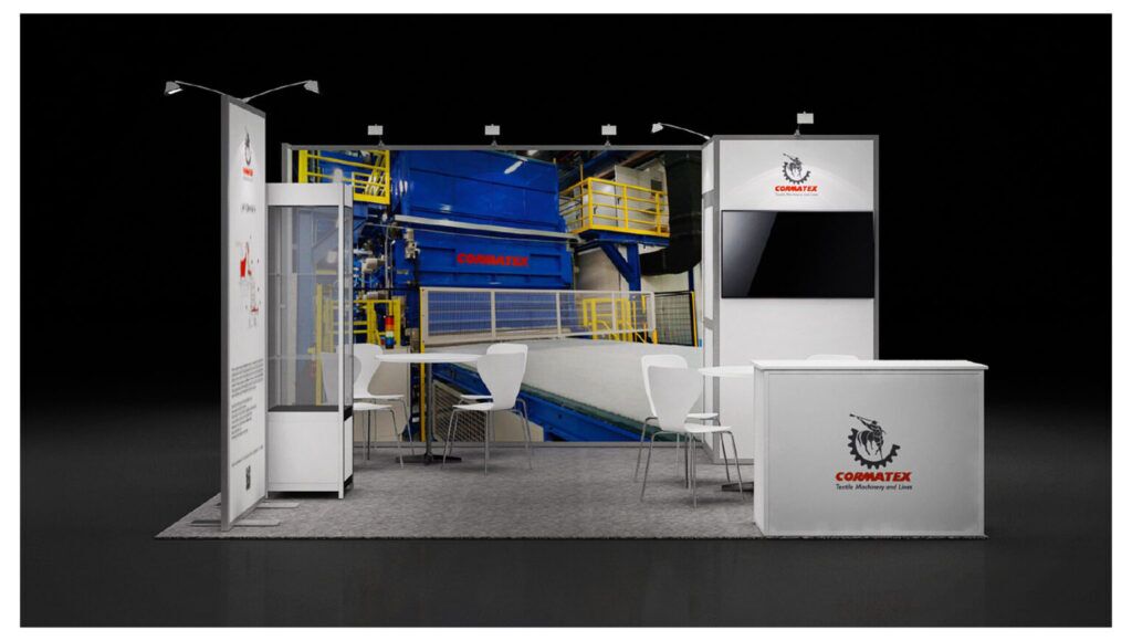 CORMATEX 3D rendering: a compact graphic back wall behind a reception counter and meeting table