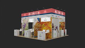 AL -International Trade Centre 3D rendering: a rectangular canopy framing product displays and reception counters