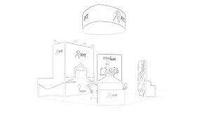 AMT concept sketch: a circular hanging sign above product displays and reception counters