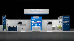 Shemesh Automation 3D rendering: a rectangular hanging sign above a central display wall and equipment stations