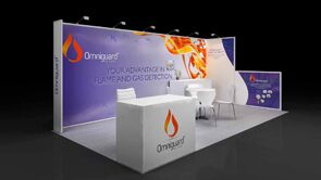Firefly 3D rendering: a sweeping graphic back wall behind an angular counter and meeting tables