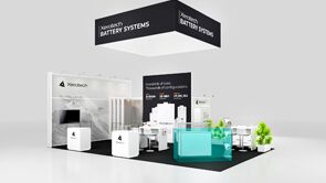 Xerotech 3D rendering: a suspended rectangular sign above demonstration counters and a video wall