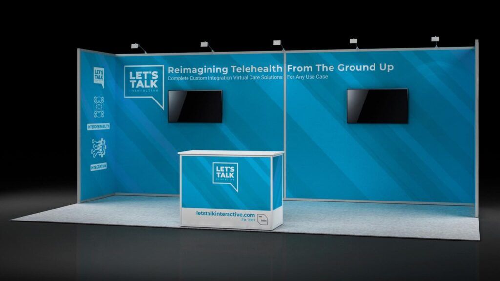 Let’s Talk Interactive 3D rendering: a screen in a broad display wall behind an angular reception counter