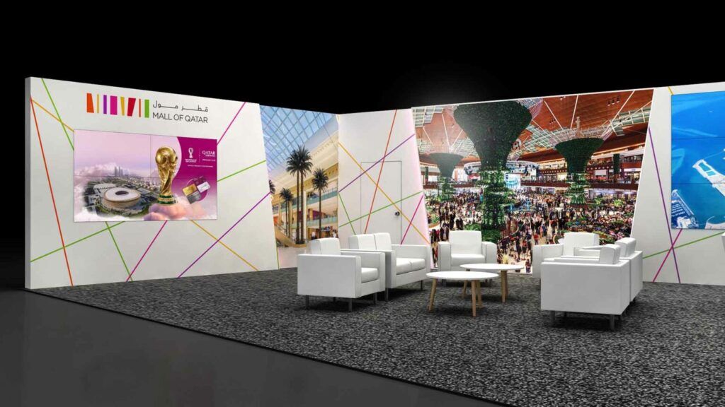 Mall of Qatar 3D rendering: a panoramic wall of mall photographs surrounding lounge seating