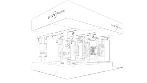 NKT Photonics concept sketch: a broad canopy over graphic walls, product displays and a seating area