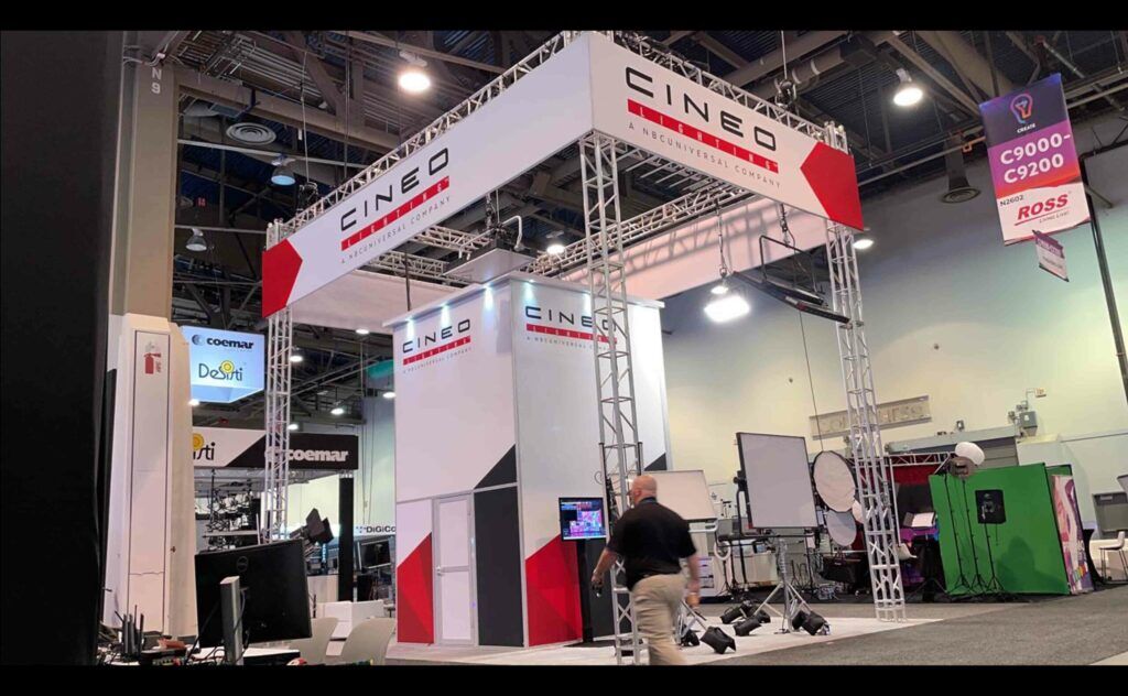 Cineo Lighting completed booth: an open square truss structure with mounted lighting equipment