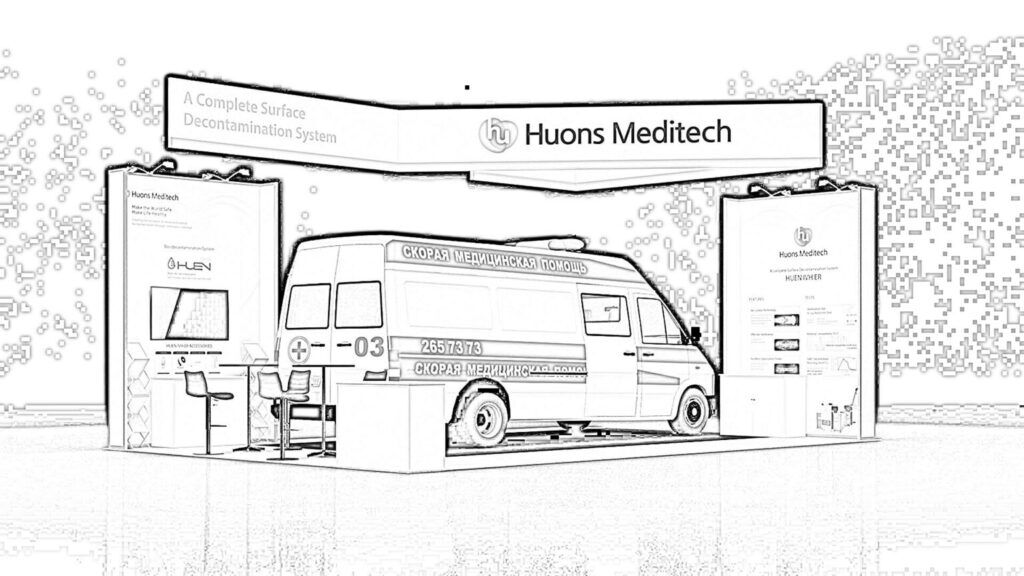 Huons Medicare concept sketch: an overhead frame around a vehicle display and product-information panels