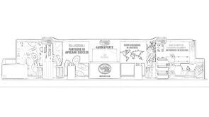 DMA concept sketch: a long overhead frame above graphic panels and product-display stations