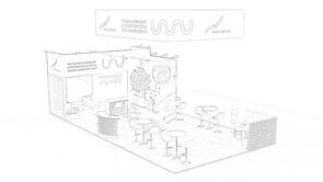 Galactic concept sketch: a rectangular hanging sign above food-product graphics and a meeting area