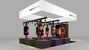 NKT Photonics 3D rendering: a broad canopy over graphic walls, product displays and a seating area