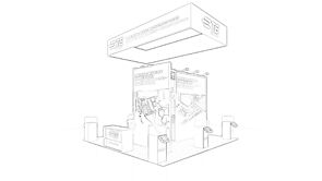 TE CONNECTIVITY concept sketch: a rectangular hanging sign above a tall central product-display tower