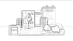 Botupharma concept sketch: a tall graphic wall beside a reception counter and stools