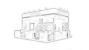 AL -International Trade Centre concept sketch: a rectangular canopy framing product displays and reception counters
