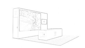 UI concept sketch: a large video wall behind a long reception counter
