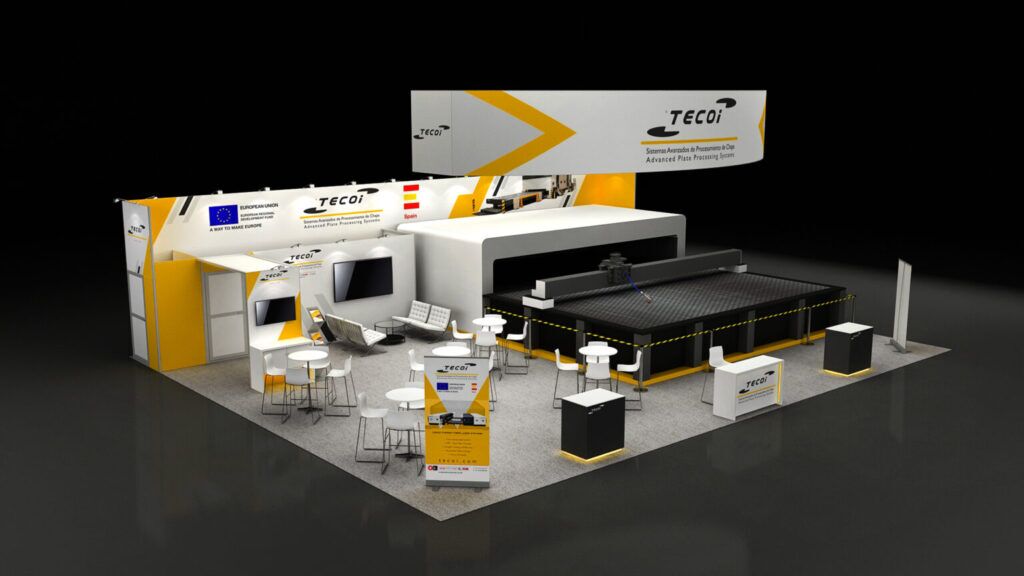 TECOI 3D rendering: a large circular hanging sign above industrial demonstration equipment