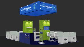 Philippines Pavilion (CITEM) 3D rendering: a suspended rectangular sign above product displays and reception counters