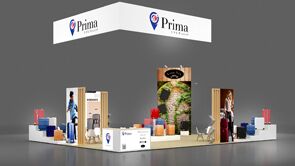Prima USA 3D rendering: a rectangular hanging sign above freestanding product displays and counters
