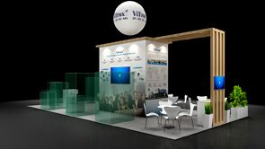 IPC APEX exhibit 3D rendering: a wood-slat arch framing glass product displays and a meeting table