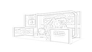Diemme Filteration concept sketch: a curved graphic panel behind a reception counter and meeting table