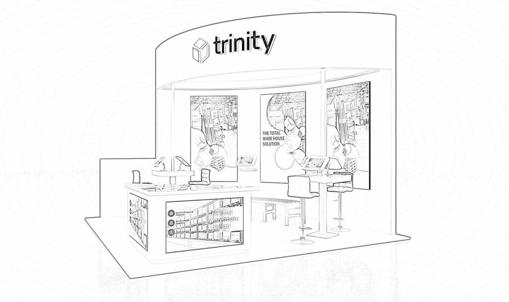 Trinity concept sketch: a compact display wall with graphic panels, a reception counter and stools