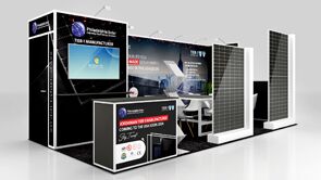 Philadelphia Solar 3D rendering: a corner booth with upright solar panels, a screen and a front counter