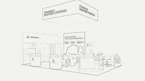 Xerotech concept sketch: a suspended rectangular sign above demonstration counters and a video wall