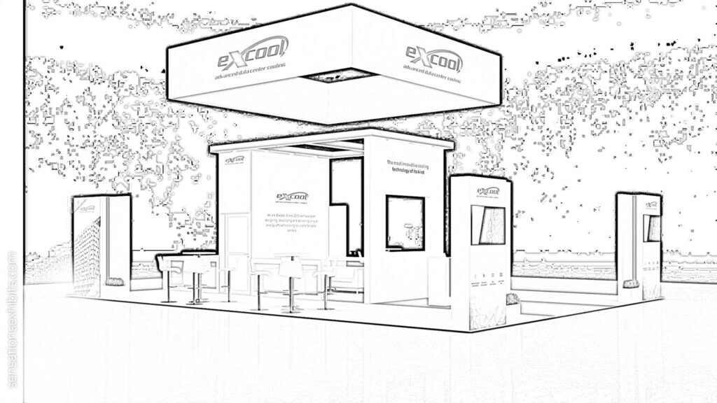 Excool concept sketch: a rectangular canopy above multiple freestanding equipment cabinets