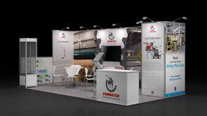 Cormatex 3D rendering: product samples mounted on wall panels around a central meeting area