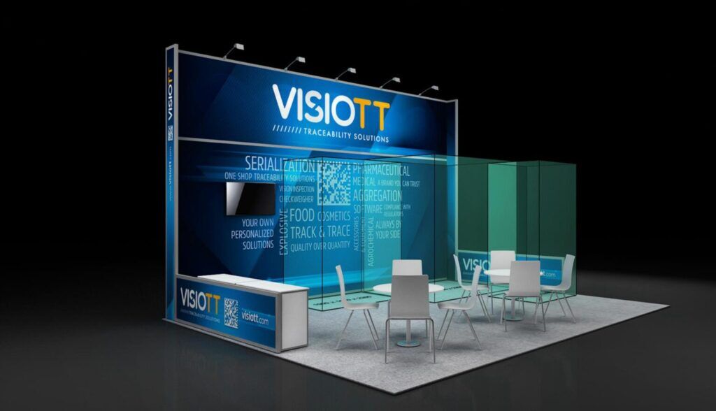 VISIOTT 3D rendering: a large graphic wall beside transparent framed panels and a meeting table