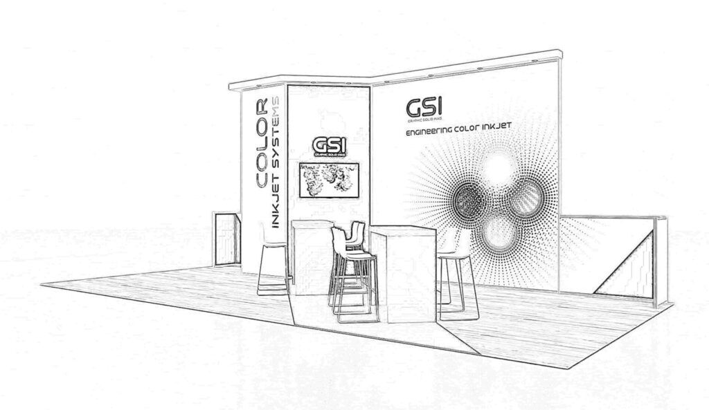GSI concept sketch: a curved wall with circular graphics behind a reception counter and stools