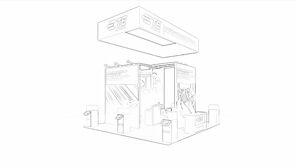 TE CONNECTIVITY concept sketch: a rectangular hanging sign above a tall central product-display tower