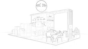 IPC APEX exhibit concept sketch: a wood-slat arch framing glass product displays and a meeting table