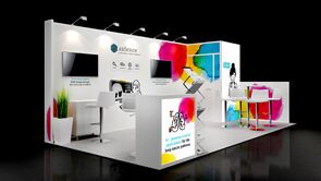 AIDENCE 3D rendering: an angular overhead frame surrounding product shelves and a reception counter