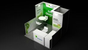 Ennature Biopharma 3D rendering: a corner display with botanical graphics, product shelves and a counter
