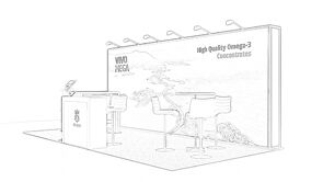 G.C. Rieber concept sketch: a coastal graphic back wall behind a reception counter and café table