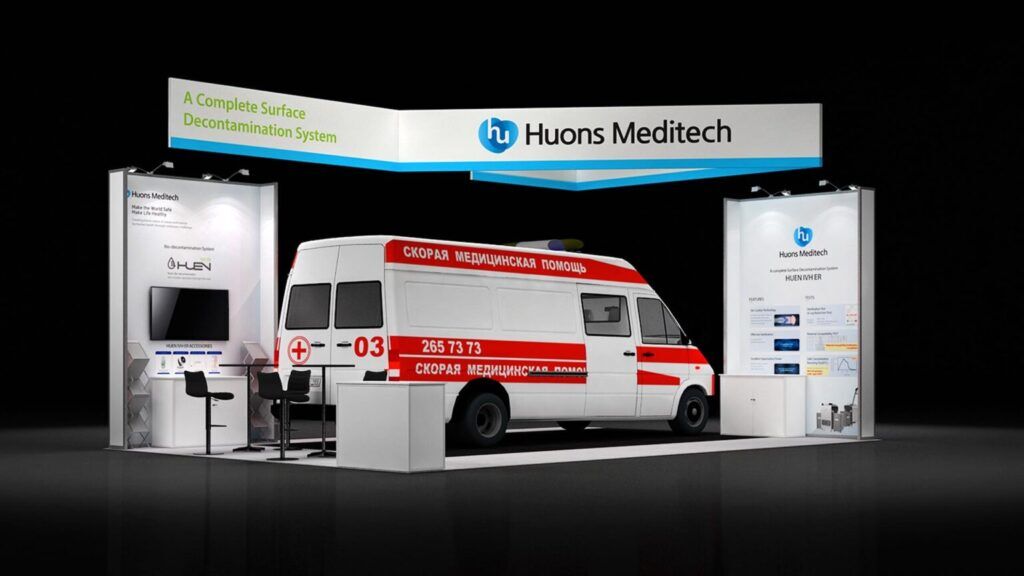 Huons Medicare 3D rendering: an overhead frame around a vehicle display and product-information panels