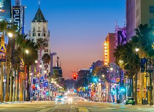 Palm-lined city street at sunset
