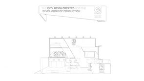 ESCO concept sketch: an angled graphic wall beneath a long rectangular hanging sign