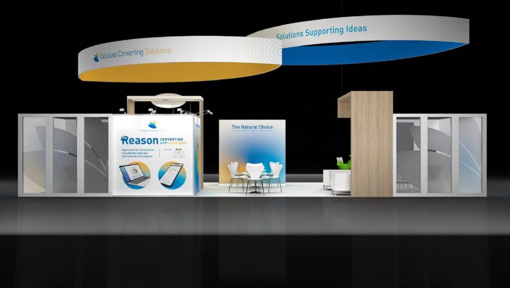 Cellulose Converting Solutions 3D rendering: overlapping curved hanging signs above display walls and glass counters